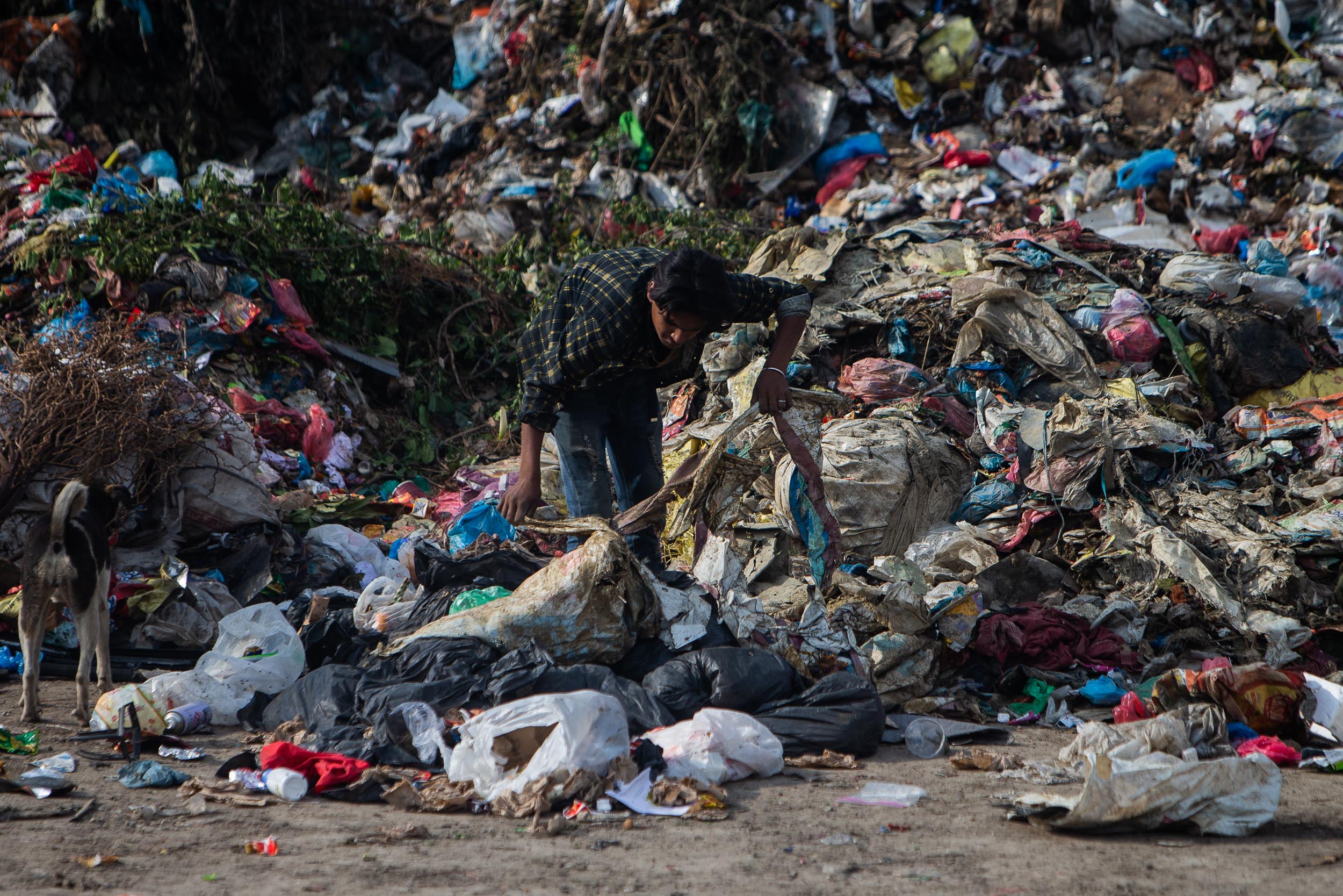 A man sorts through waste at the Teku Collection Centre (Image: Nishant Singh Gurung/Aawaaj News)
